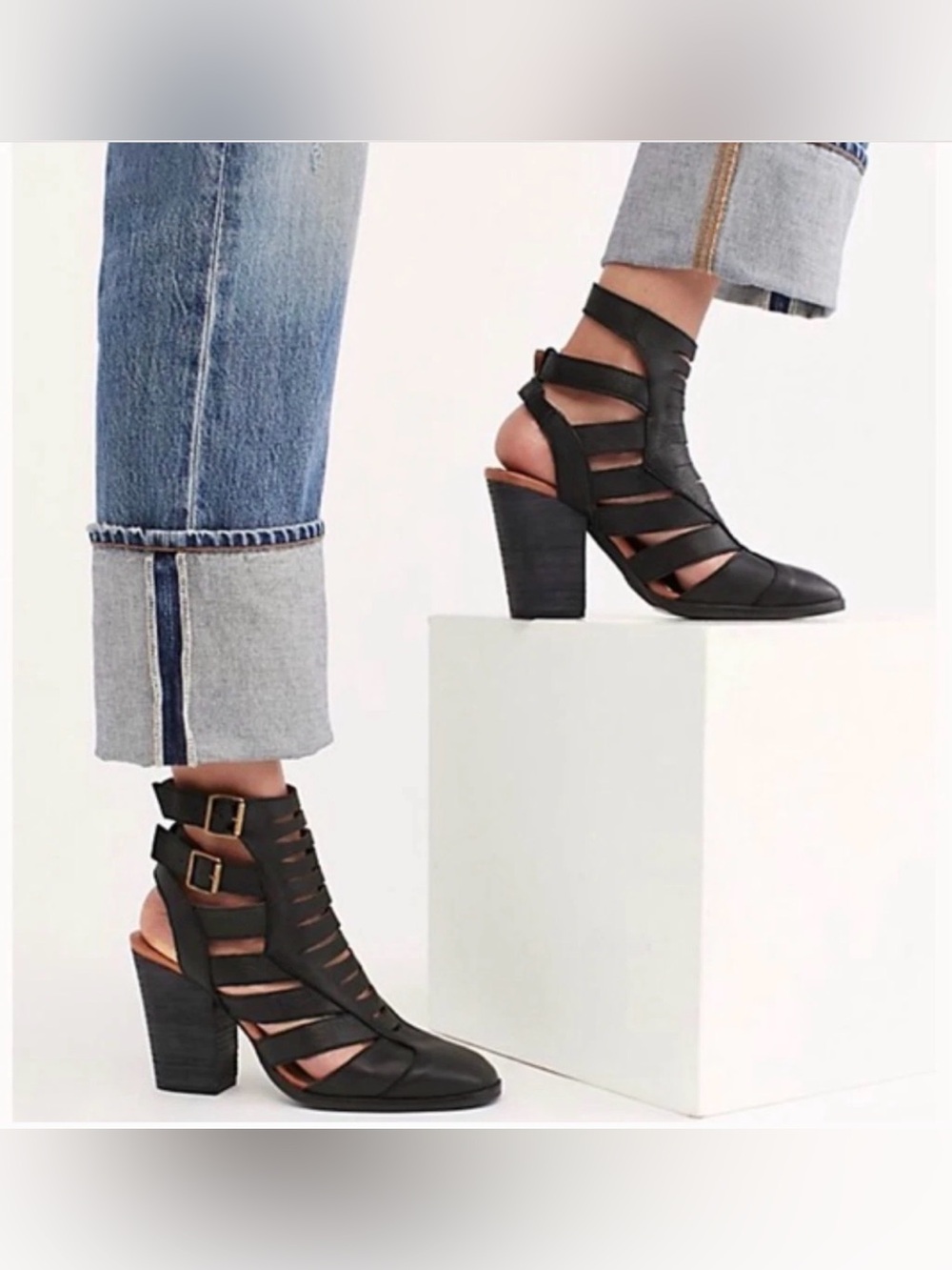 Free People Hayes Black Leather Strappy Bootie